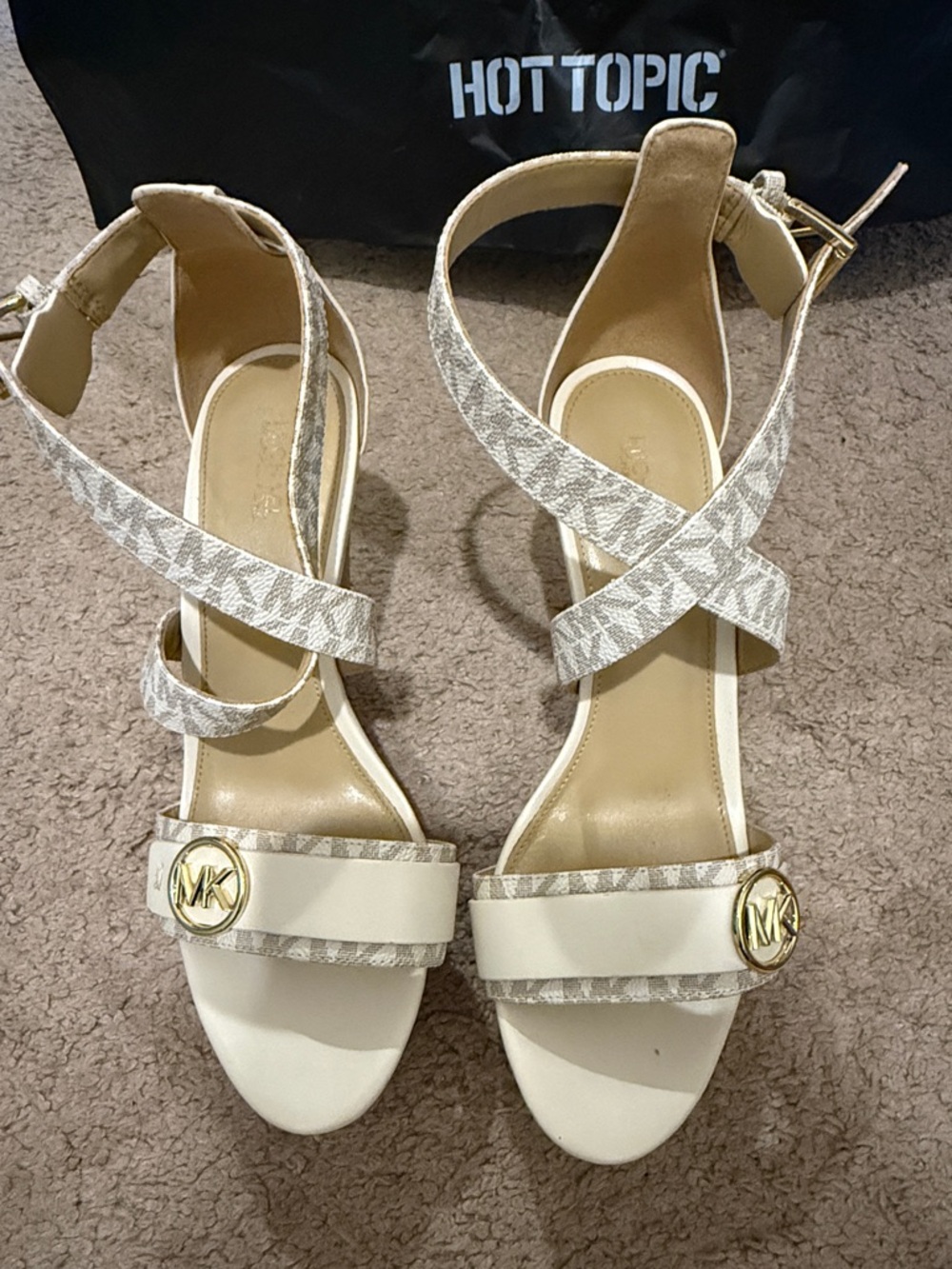 Michael Kors Cream and Beige Logo Crisscross Ankle-Strap Heels